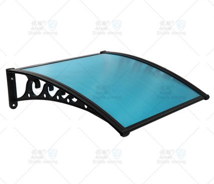 黑色花卷塑料支架蓝色空心板门窗遮阳篷 黑色花卷塑料支架蓝色空心板门窗遮阳篷